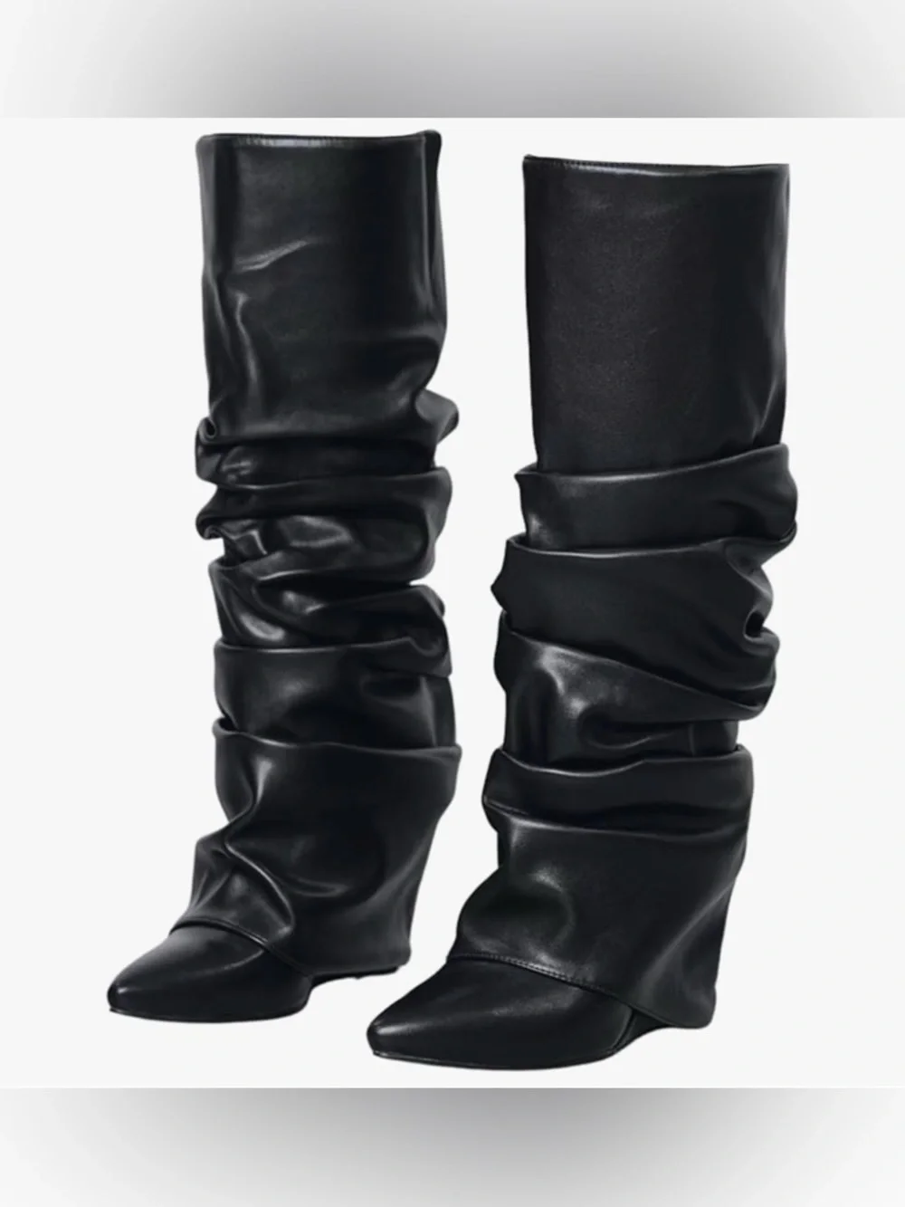 Slouched Ruched Fold Over Covered Wedge Heel Patent Leather Knee High Boots Wide